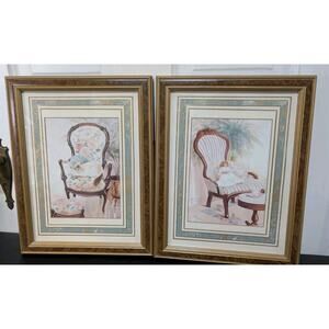 Vintage Gloria Erikson Framed Lithograph Prints Chair Series Cat Doll Set Of 2